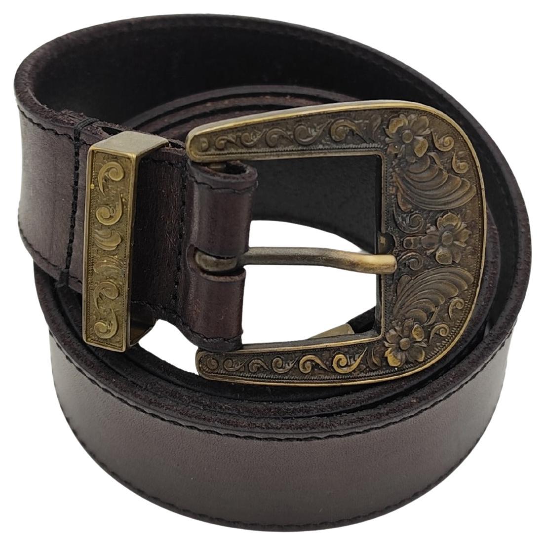 Alberta Ferretti metallic black leather engraved buckle belt For Sale