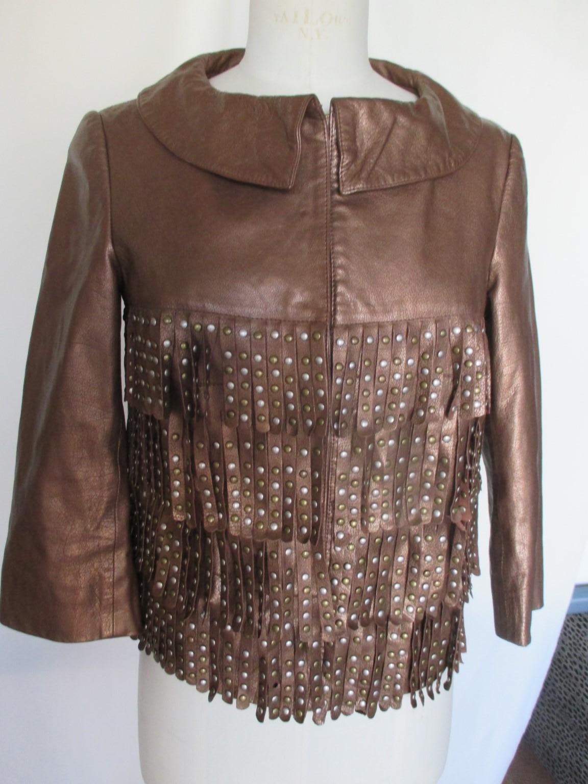 Alberta Ferretti Metallic Fringe Leather Jacket For Sale 2