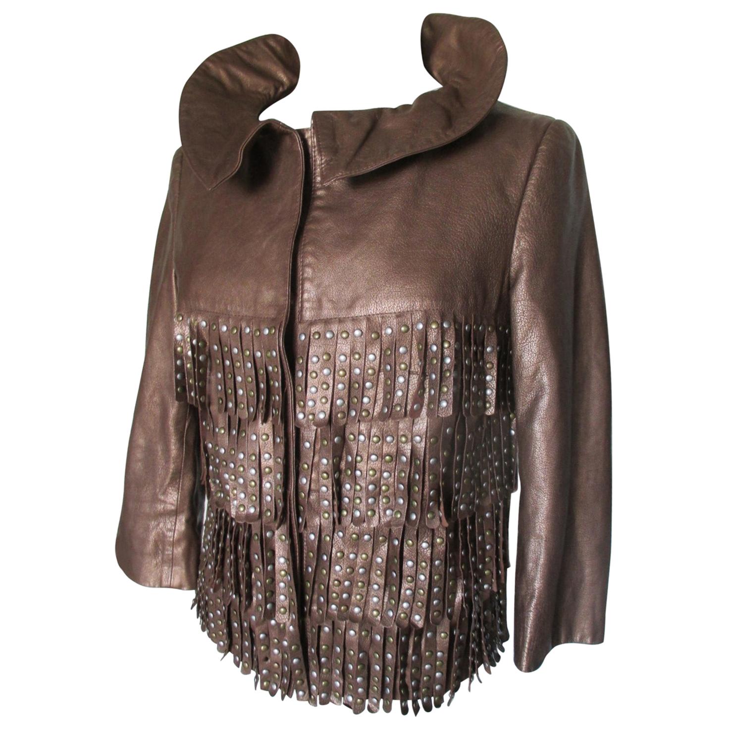 Alberta Ferretti Metallic Fringe Leather Jacket For Sale