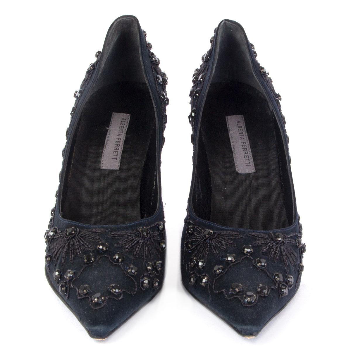 100% authentic Alberta Ferretti pumps in midnight blue satin, embellished with black rhinestones. Have been worn and are in excellent condition. 

Measurements
Imprinted Size	38
Shoe Size	38
Inside Sole	25cm (9.8in)
Width	7.5cm (2.9in)
Heel	9cm