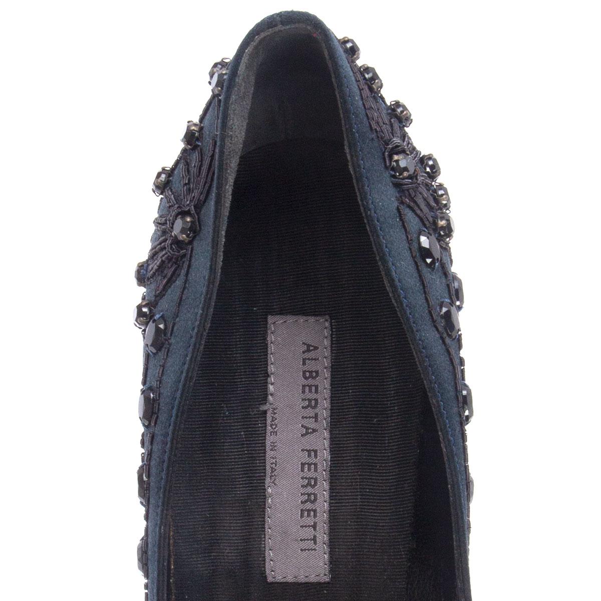 Women's ALBERTA FERRETTI midnight blue EMBELLISHED SATIN Pointed-Toe Pumps Shoes 38 For Sale