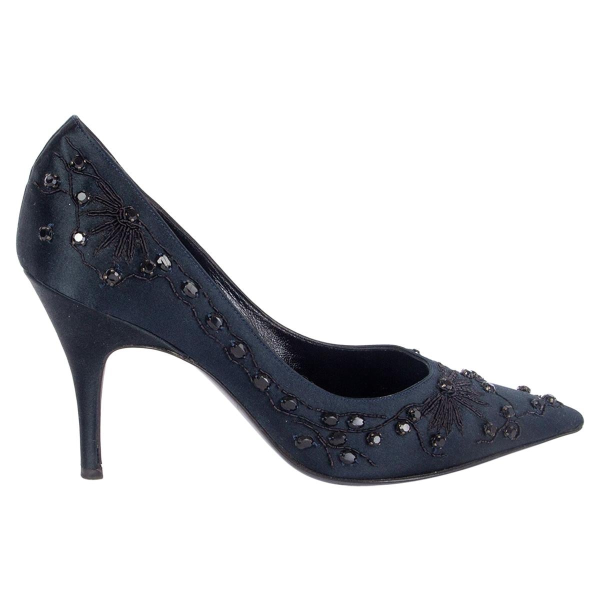 ALBERTA FERRETTI midnight blue EMBELLISHED SATIN Pointed-Toe Pumps Shoes 38 For Sale