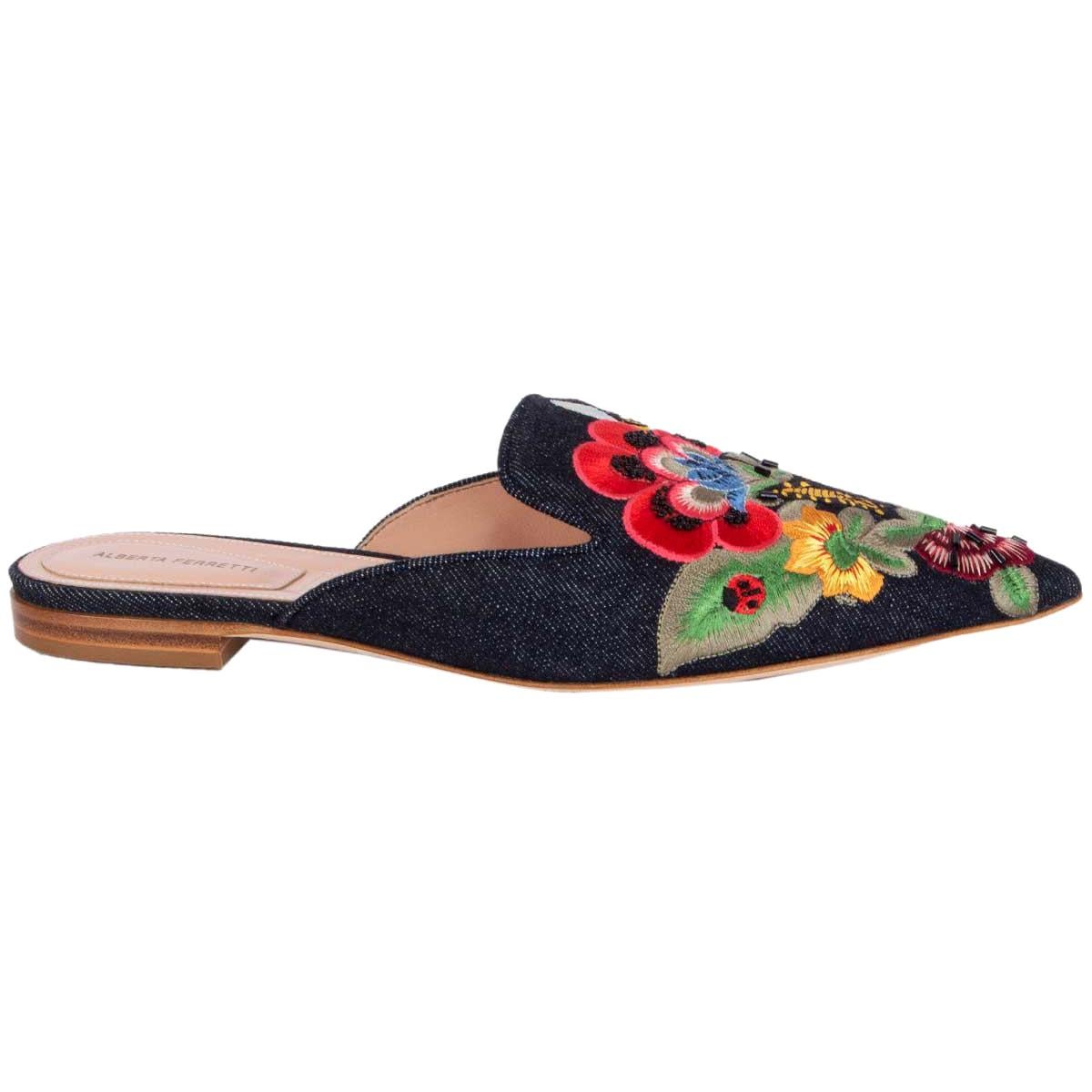 ALBERTA FERRETTI multicolor FLOWER EMBROIDERED Denim Slides Mules Shoes 38