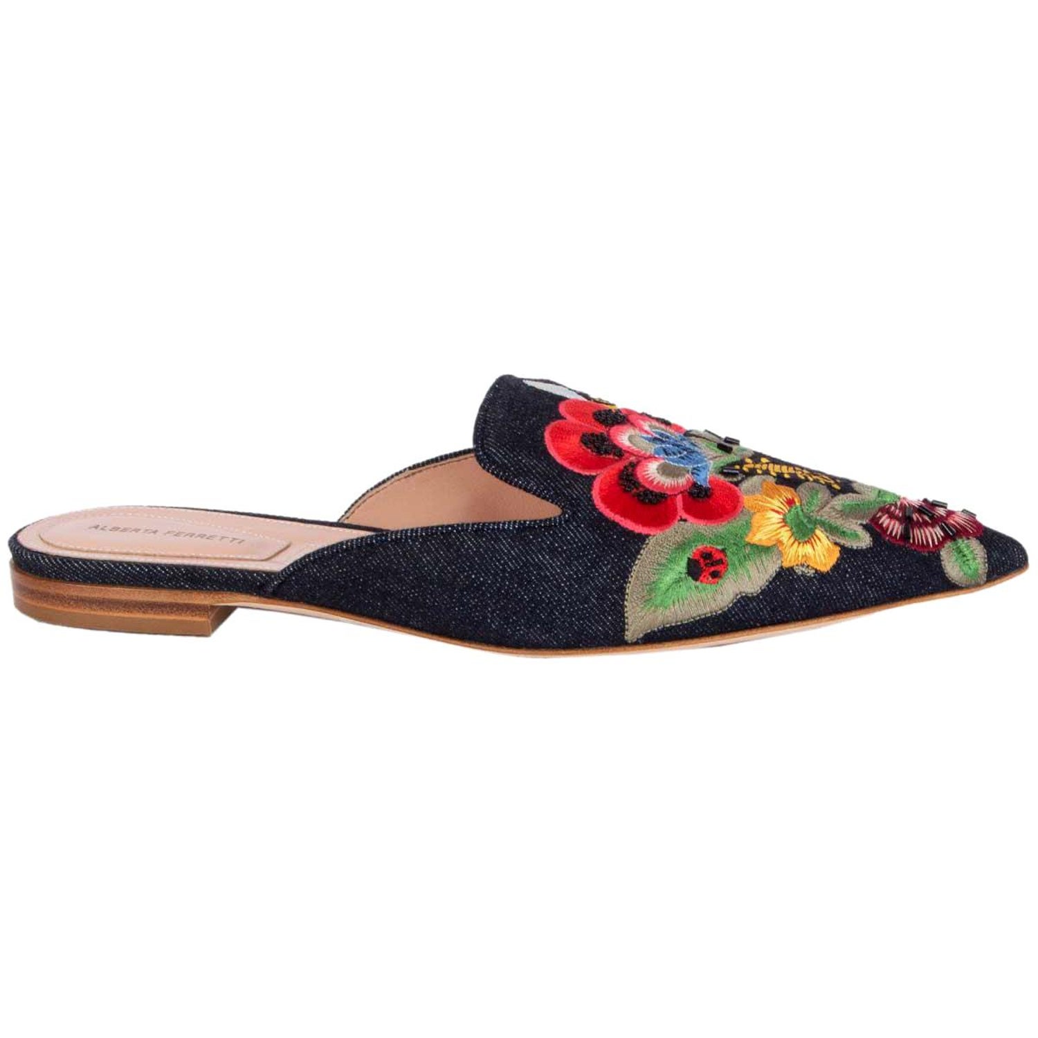 ALBERTA FERRETTI multicolour FLOWER EMBROIDERED Denim Slides Mules Shoes 38  For Sale at 1stDibs