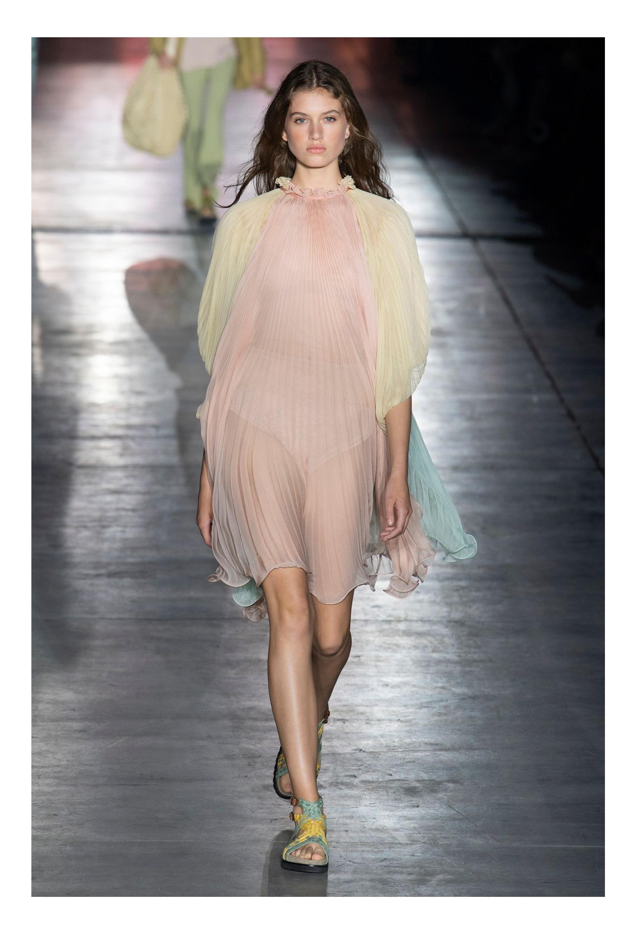 Beige Alberta Ferretti Multicolor Pastel Pleated Goddess Dress With Cord For Sale