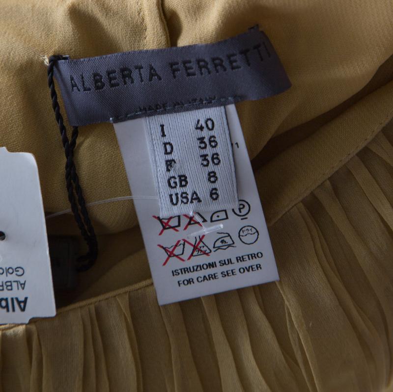 Women's Alberta Ferretti Mustard Crinkled Chiffon Silk Palazzo Trousers S