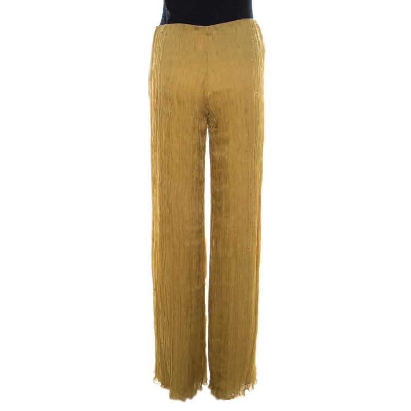 Brown Alberta Ferretti Mustard Crinkled Chiffon Silk Pallazo Trousers M
