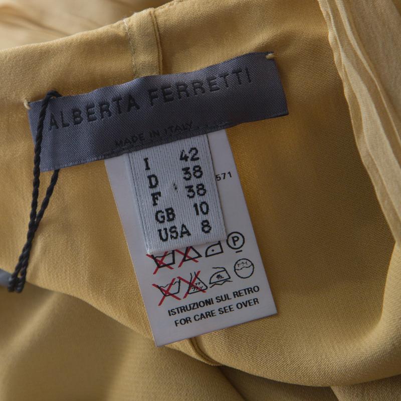 Women's Alberta Ferretti Mustard Crinkled Chiffon Silk Pallazo Trousers M