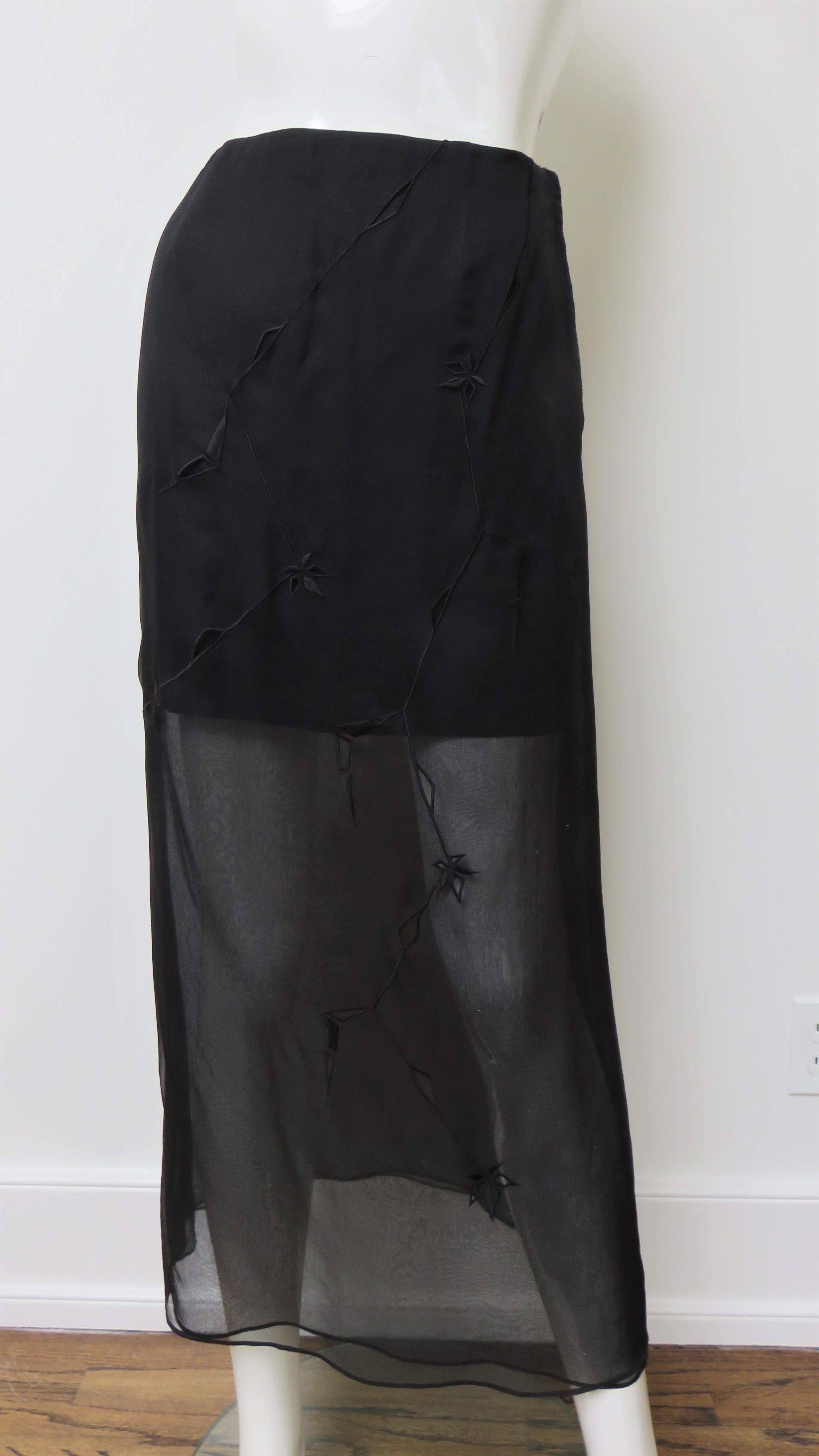 Black Alberta Ferretti New Silk Embroidered Midi Mini Skirt For Sale