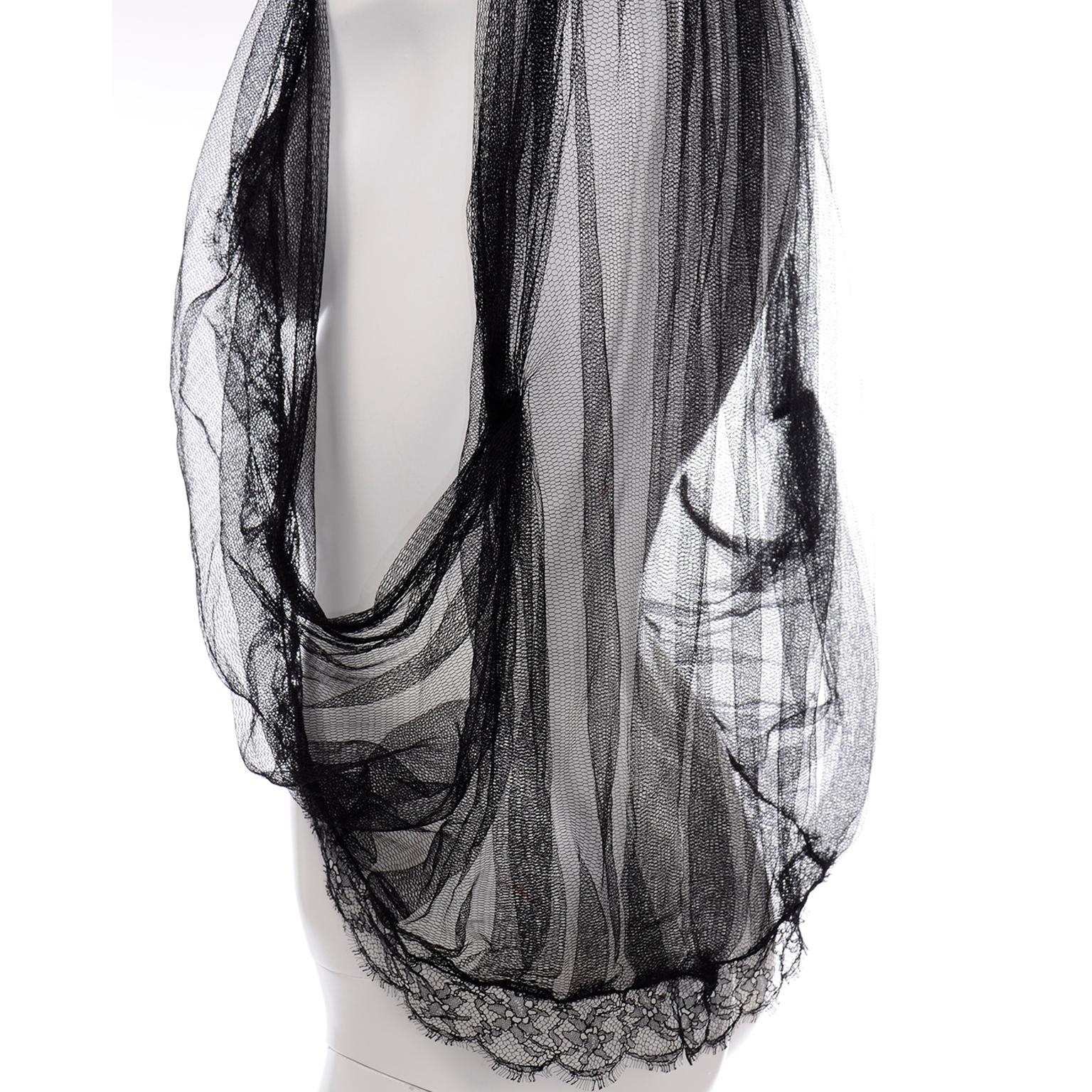 Alberta Ferretti New w Tags Sheer Silk Tulle Black Top With Lace Trim & Feathers 7