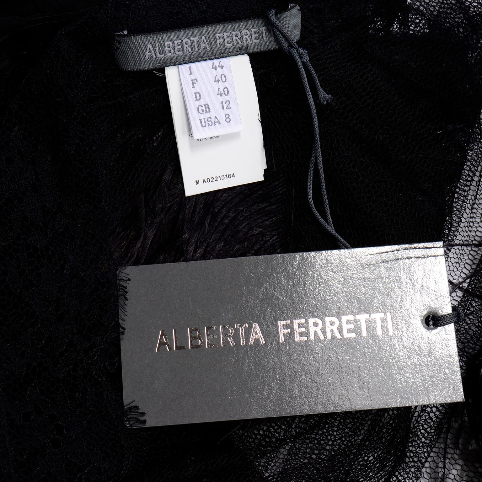 Alberta Ferretti New w Tags Sheer Silk Tulle Black Top With Lace Trim & Feathers 8