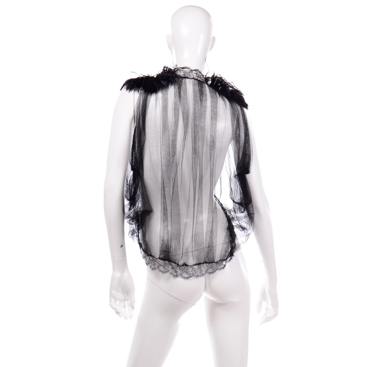 Alberta Ferretti New w Tags Sheer Silk Tulle Black Top With Lace Trim & Feathers In New Condition In Portland, OR
