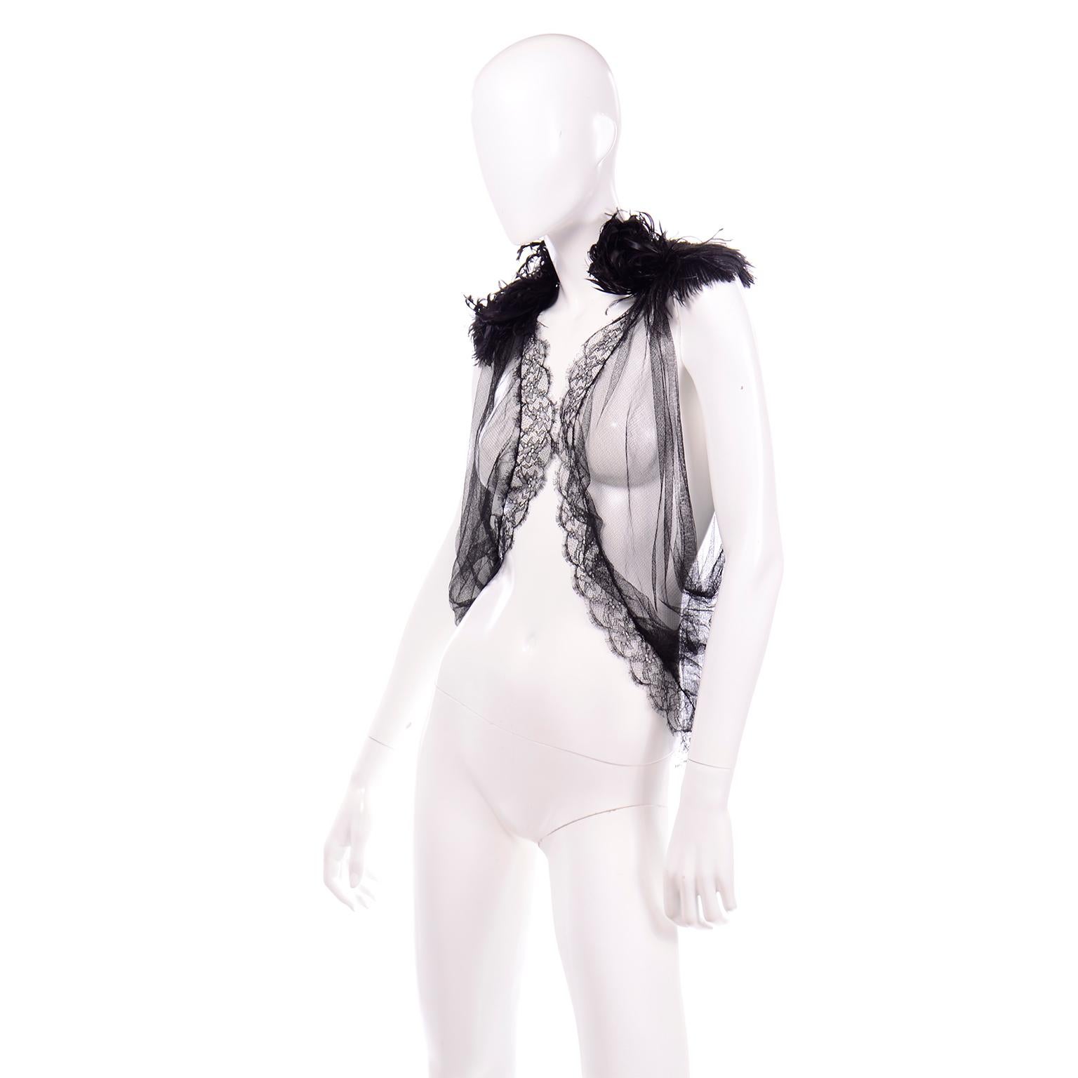 Alberta Ferretti New w Tags Sheer Silk Tulle Black Top With Lace Trim & Feathers 1