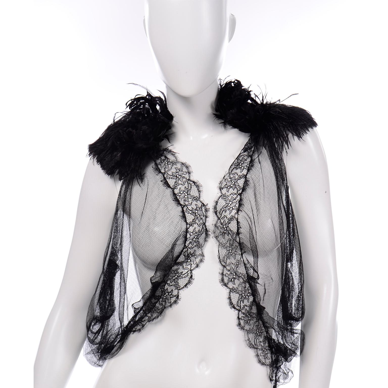 Alberta Ferretti New w Tags Sheer Silk Tulle Black Top With Lace Trim & Feathers 2