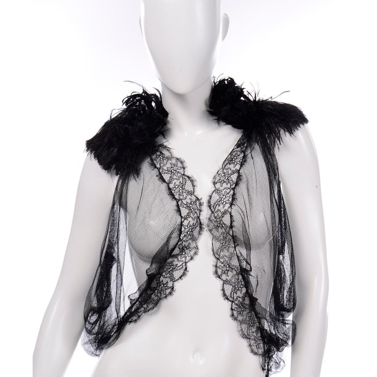 Alberta Ferretti New w Tags Sheer Silk Tulle Black Top With Lace Trim and  Feathers For Sale at 1stDibs