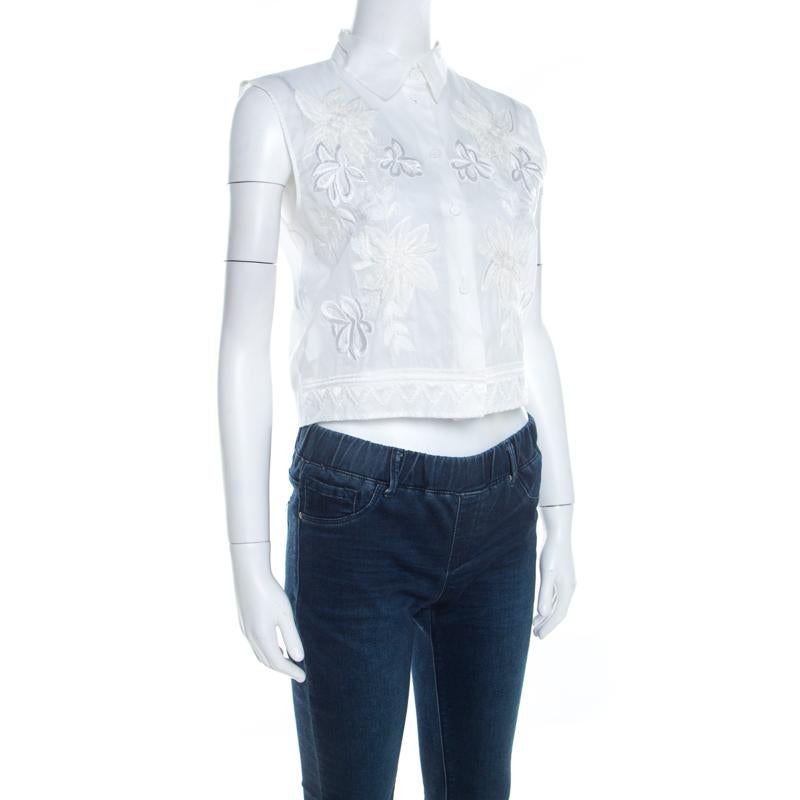 Gray Alberta Ferretti Off White Floral Embroidered Sheer Sleeveless Crop Shirt S