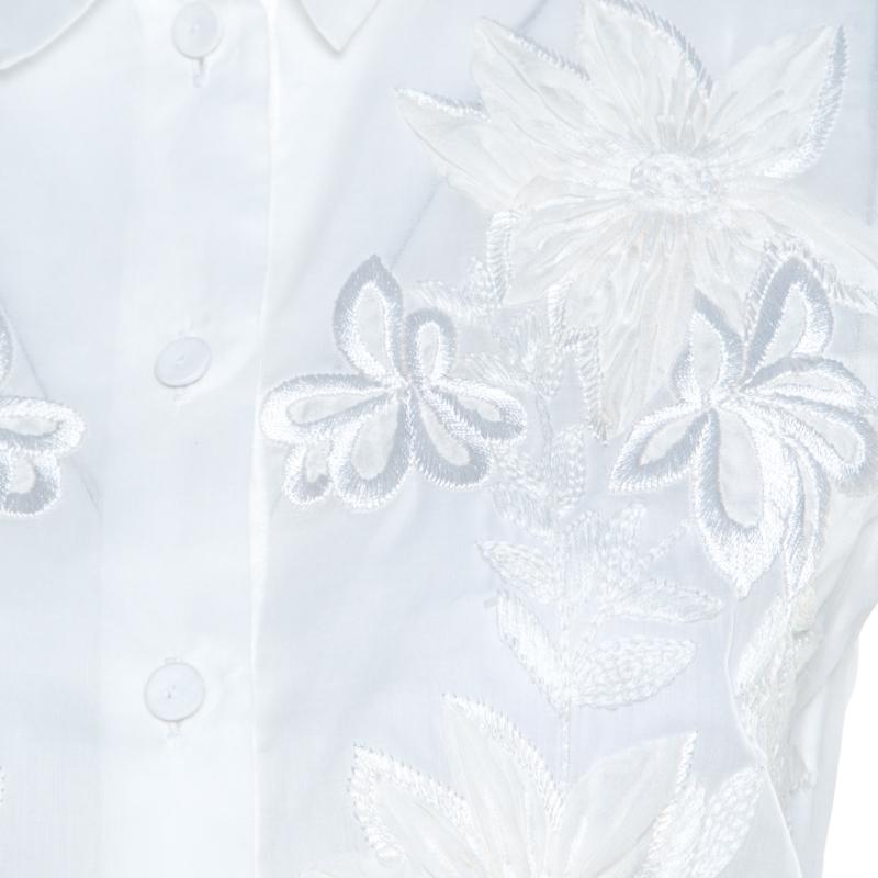 Alberta Ferretti Off White Floral Embroidered Sheer Sleeveless Crop Shirt S In Good Condition In Dubai, Al Qouz 2