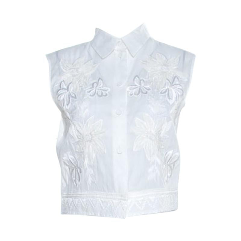 Alberta Ferretti Off White Floral Embroidered Sheer Sleeveless Crop Shirt S