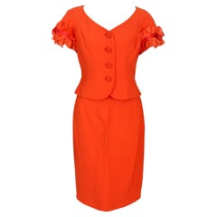 Alberta Ferretti Orange Silk Elegant Skirt Suit 2000s