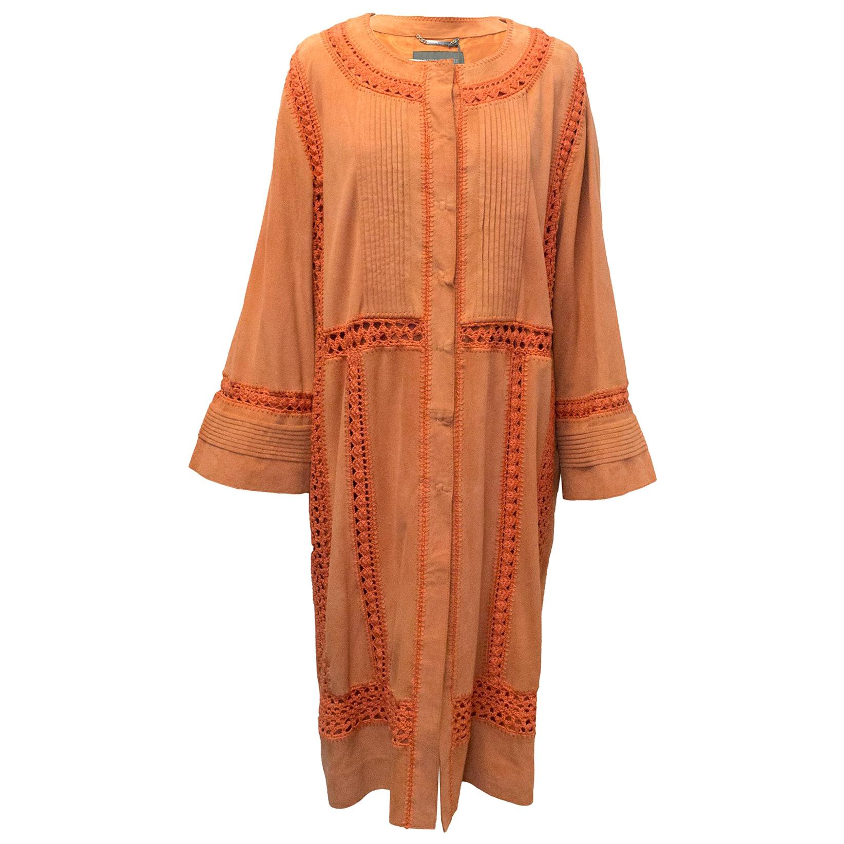 Alberta Ferretti Orange Suede & Crochet Coat - Size US 6