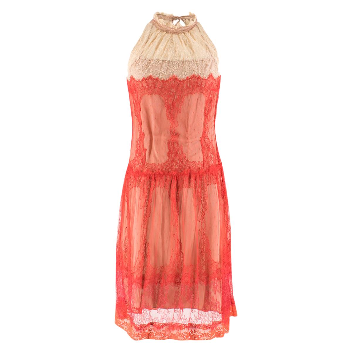 Alberta Ferretti Papaya-red Lace Dress 

- Papaya-red and cream Lace Dress 
- Ruffled neck collar, orange hem
-Detachable sand silk slip to line
- Beige ties fastening back of neck
- Concealed hook and zip fastening at side

Please note, these items