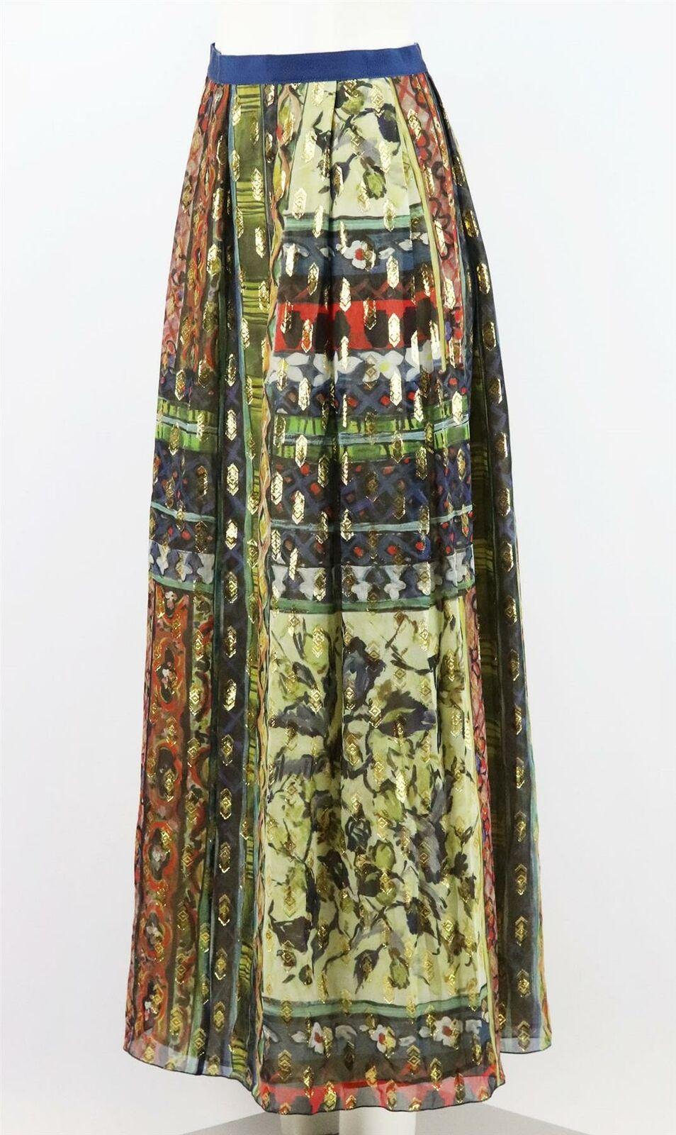 Brown Alberta Ferretti Pleated Printed Silk Chiffon Maxi Skirt