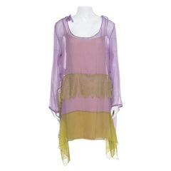Alberta Ferretti Purple and Green Silk Lace Panel Insert Asymmetric Dress L