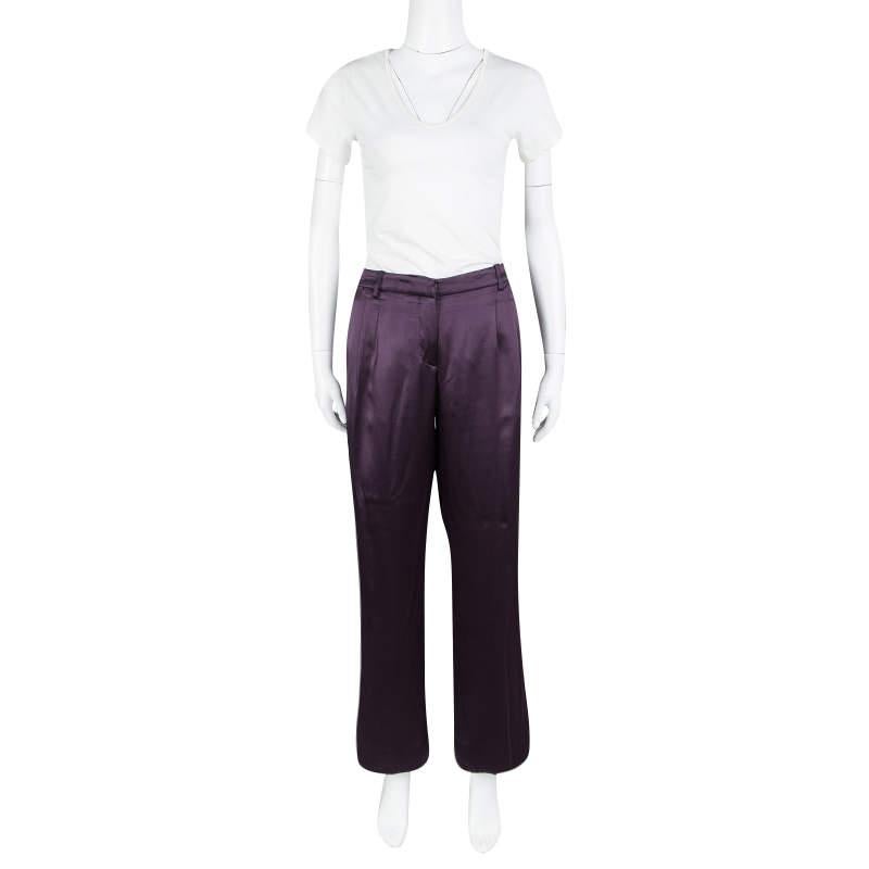 Alberta Ferretti Purple Silk Satin Wide Leg Trousers M For Sale 1
