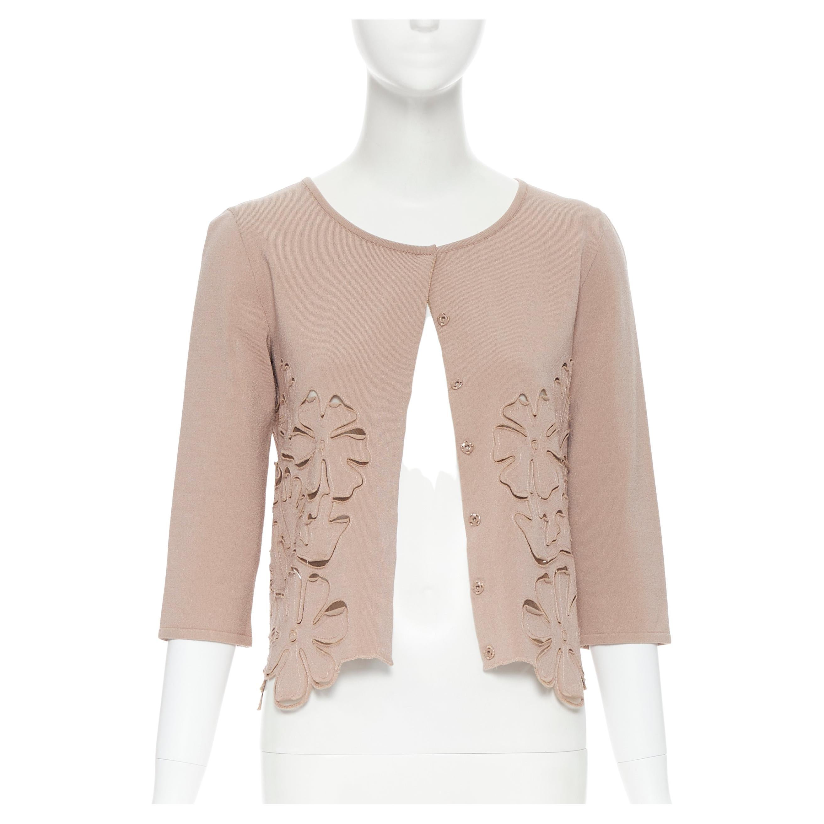 ALBERTA FERRETTI rayon blend knit nude beige floral cut out cardigan sweater XS