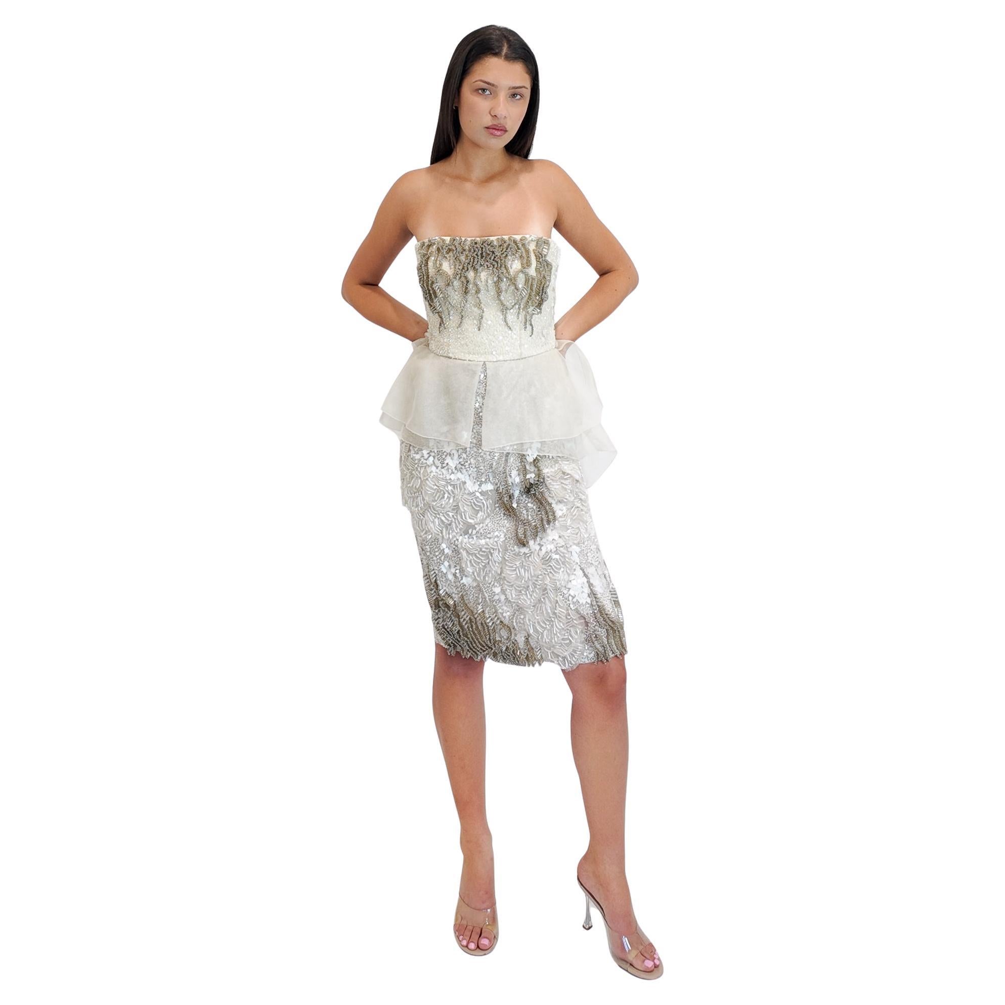 Alberta Ferretti S/S 2013 Vestido Peplum de Cóctel Blanco con Cuentas en venta