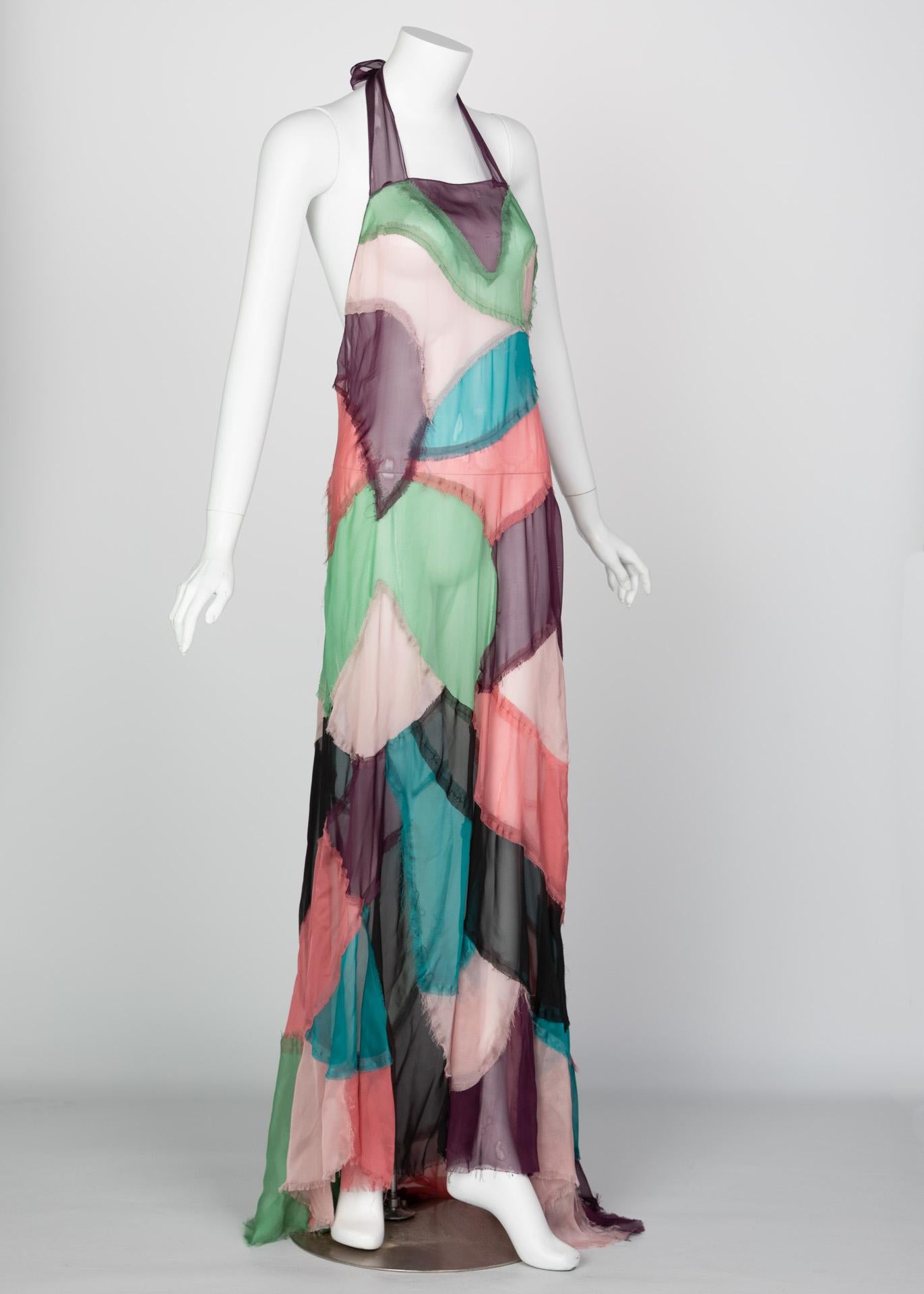 Alberta Ferretti Silk Chiffon Patchwork Open back Halter Gown, 2005 In Excellent Condition For Sale In Boca Raton, FL