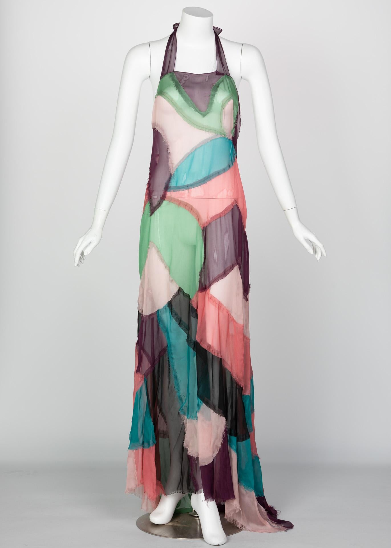 Women's Alberta Ferretti Silk Chiffon Patchwork Open back Halter Gown, 2005 For Sale