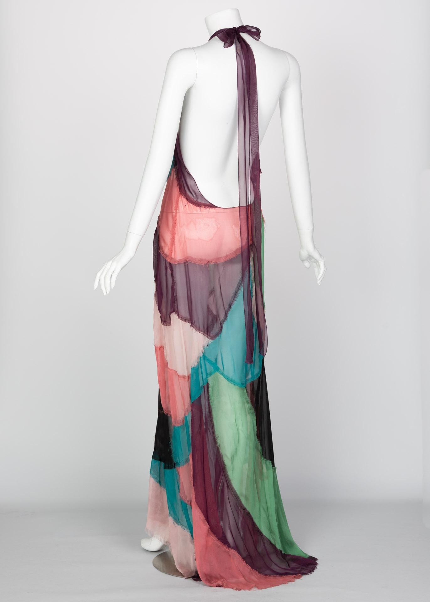Gray Alberta Ferretti Silk Chiffon Patchwork Open back Halter Gown, 2005