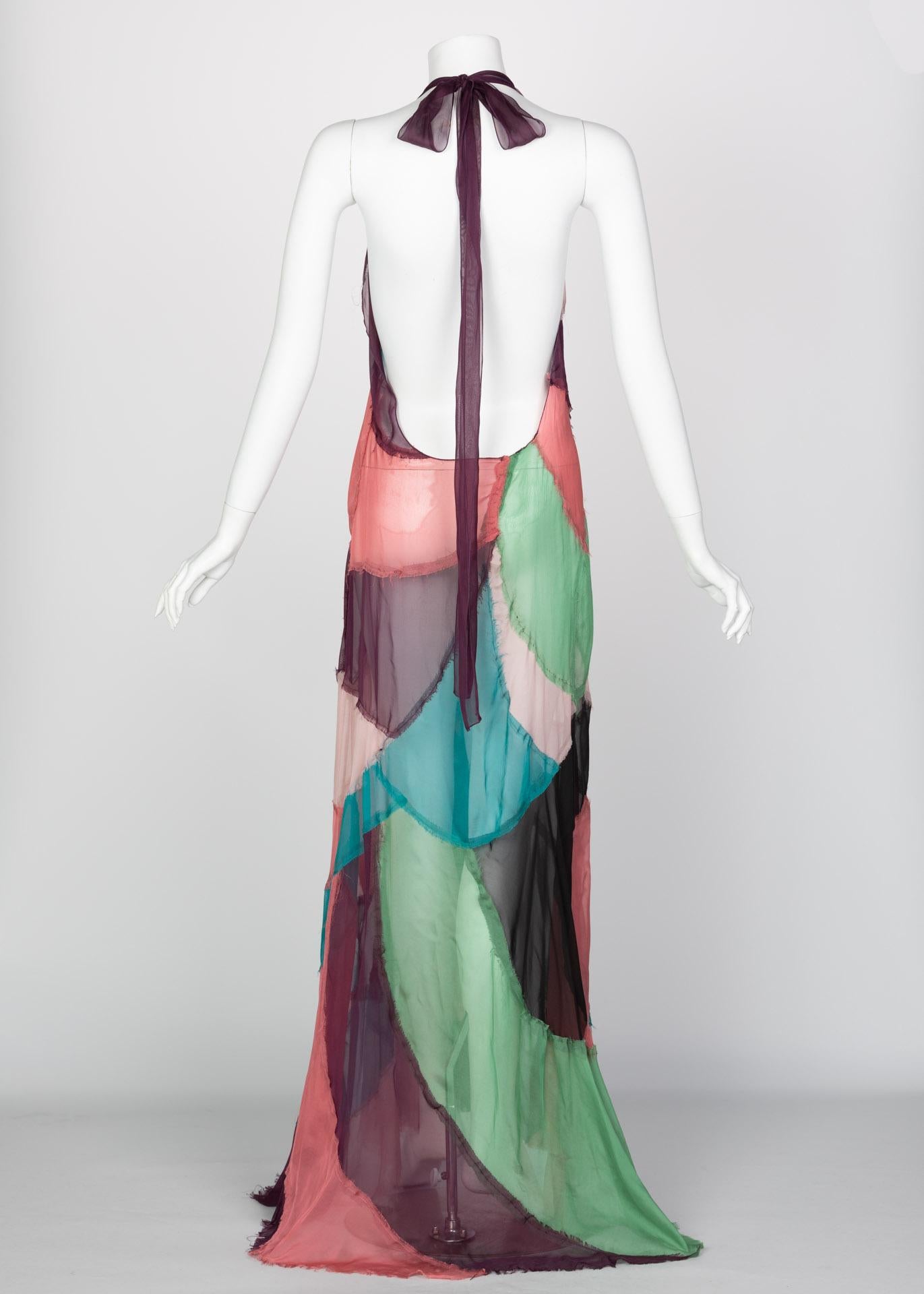 Alberta Ferretti Silk Chiffon Patchwork Open back Halter Gown, 2005 In Excellent Condition In Boca Raton, FL
