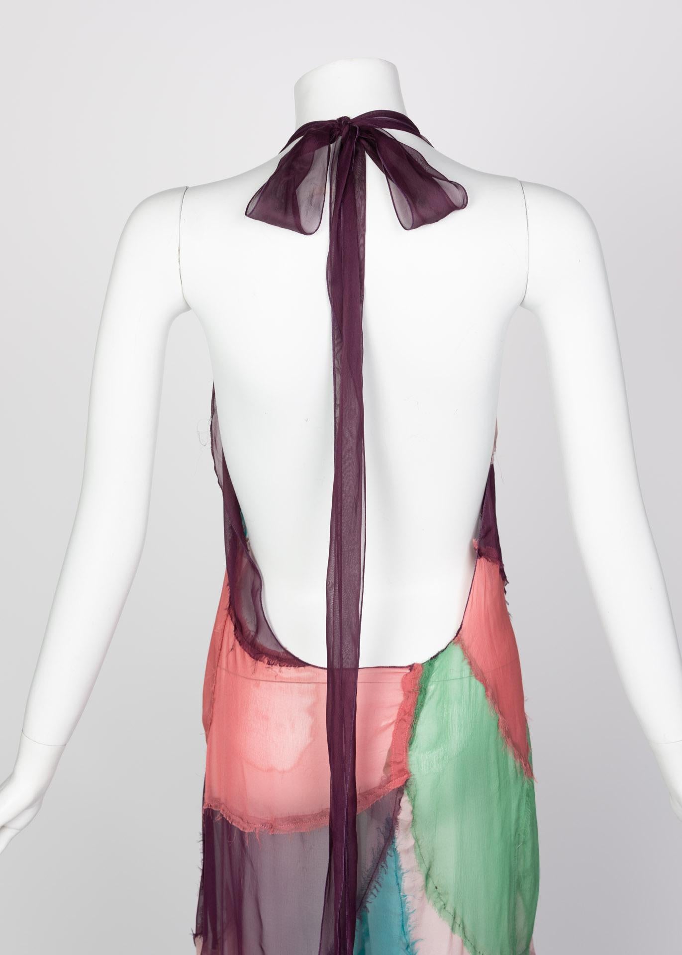 Alberta Ferretti Silk Chiffon Patchwork Open back Halter Gown, 2005 For Sale 4