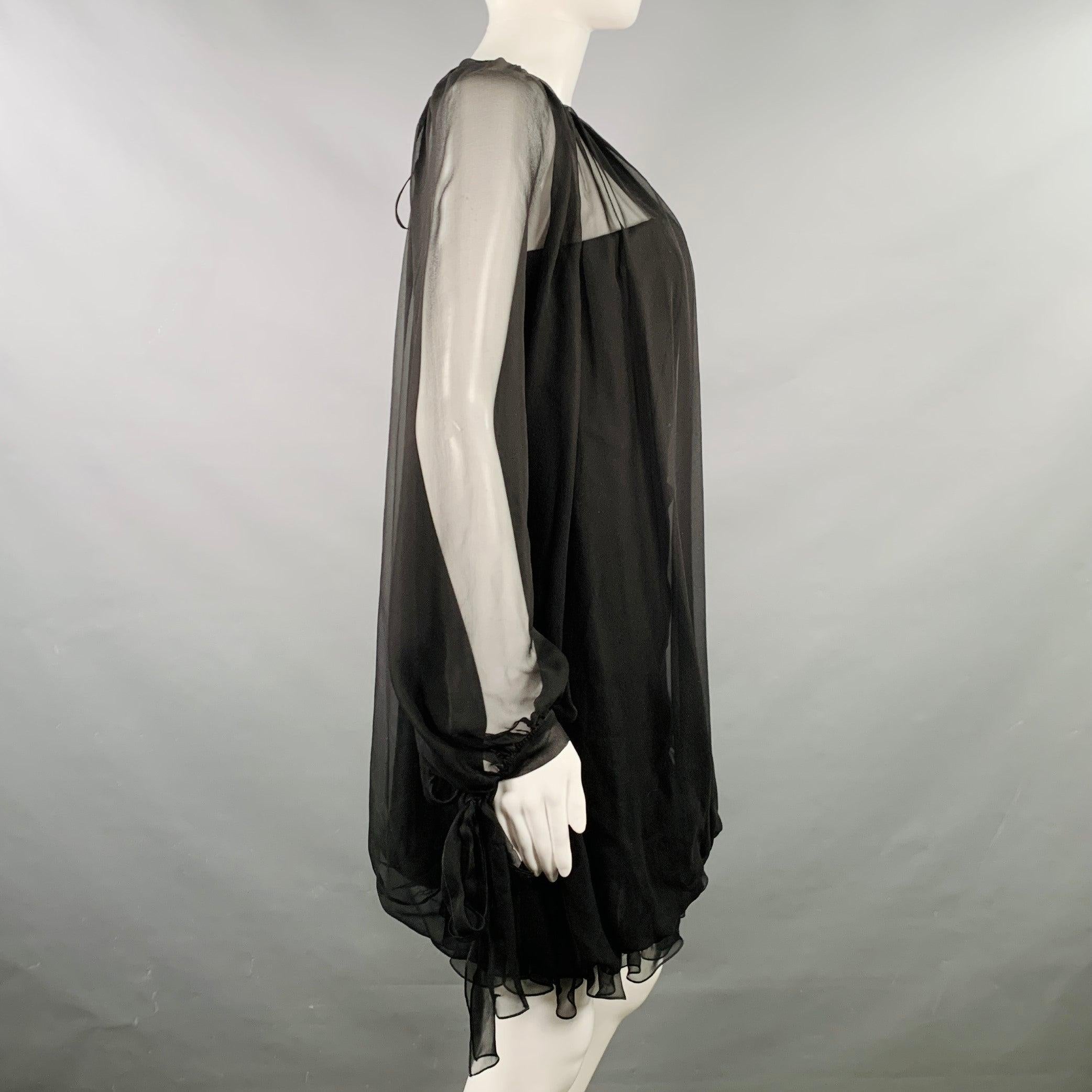ALBERTA FERRETTI Size 4 Black Silk Ruffled Bishop Sleeve Mini Dress In Good Condition For Sale In San Francisco, CA
