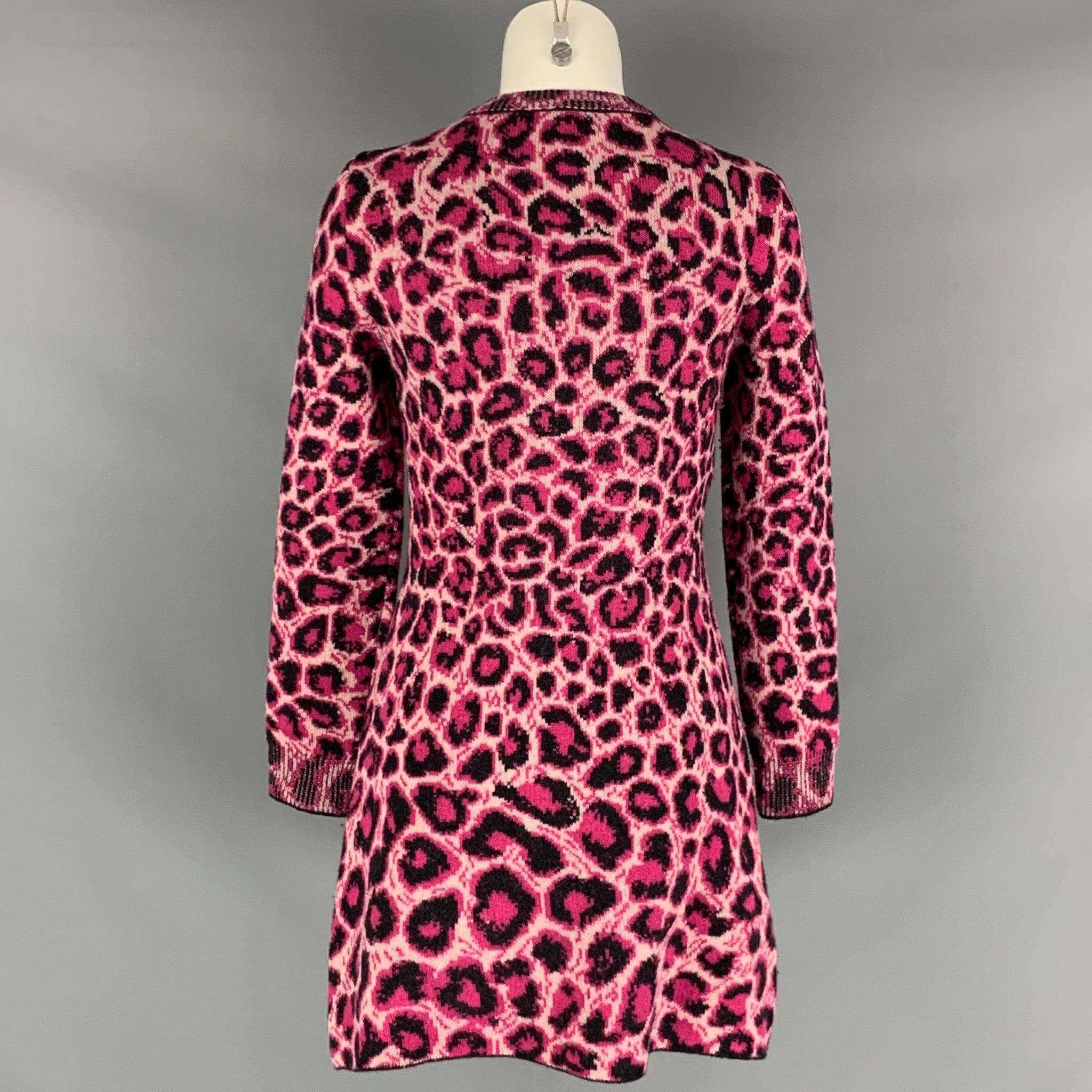 ALBERTA FERRETTI Size 4 Pink Black Virgin Wool Animal Print Long Sleeve Dress In Good Condition For Sale In San Francisco, CA