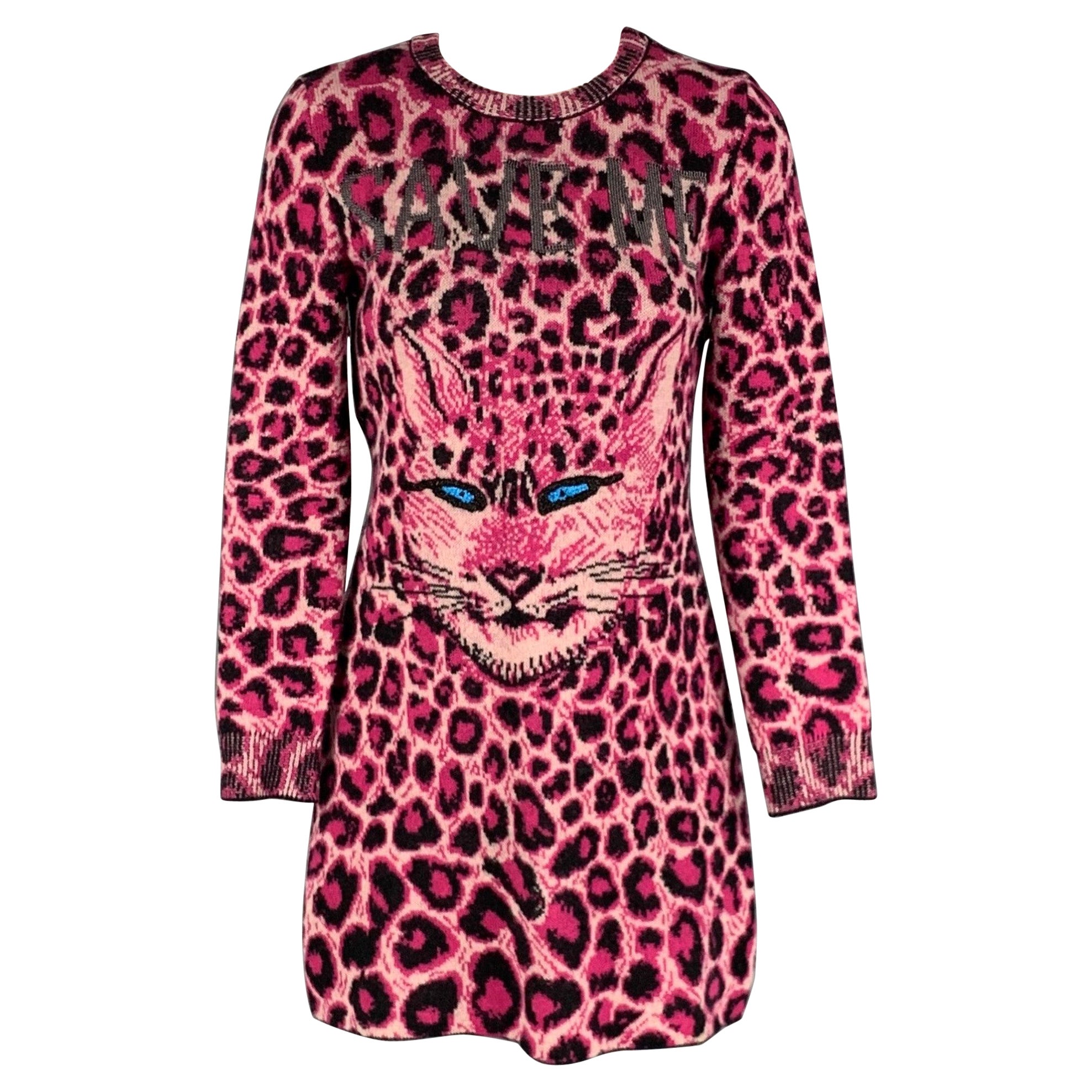 ALBERTA FERRETTI langärmeliges Kleid aus rosa und schwarzer Schurwolle mit Tiermuster, Größe 4