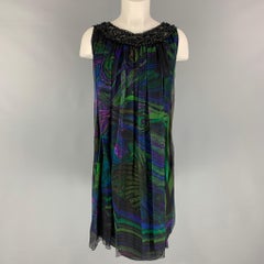 ALBERTA FERRETTI - Robe sans manches en soie noire et multicolore abstraite, taille 6