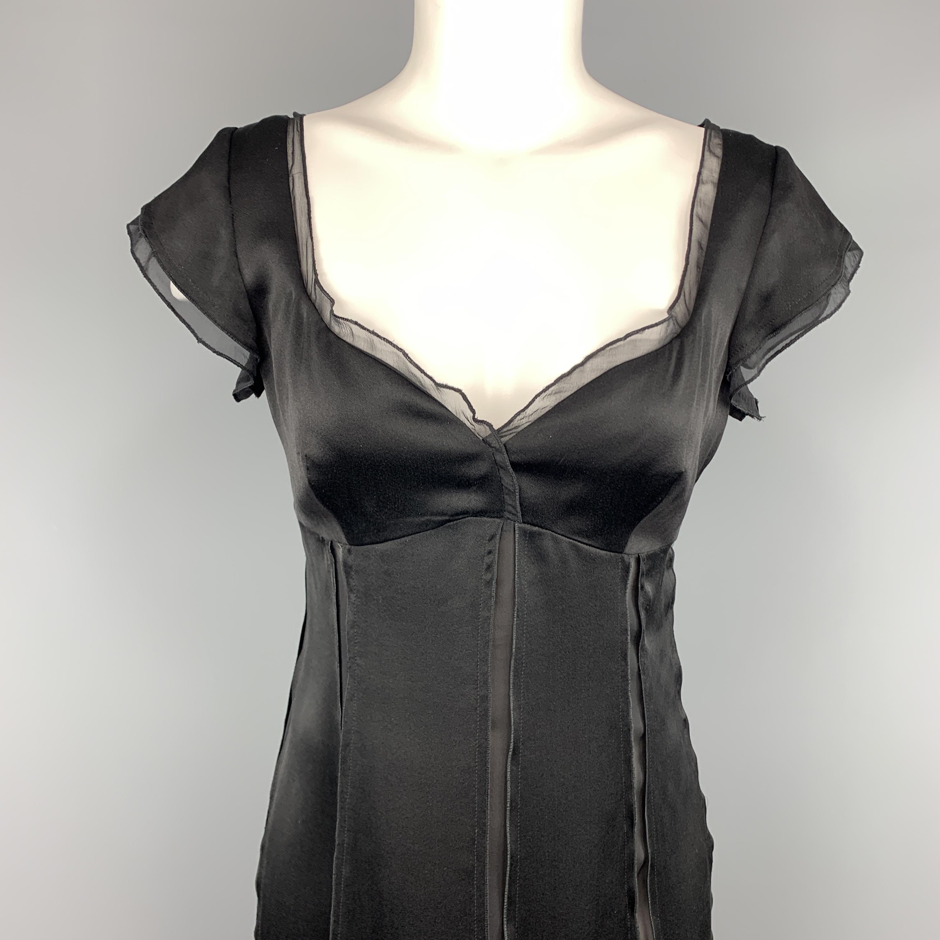 ALBERTA FERRETTI dress comes in black silk satin with a sweetheart neckline, cap sleeves, and sheer chiffon piping details. Made in Italy.
 
Excellent Pre-Owned Condition.
Marked: 6
 
Measurements:
 
Shoulder: 15 in.
Bust: 36 in.
Waist: 30 in.
Hip: