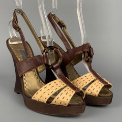 ALBERTA FERRETTI Size 6.5 Brown & Beige Silk Leather Wedge Sandals
