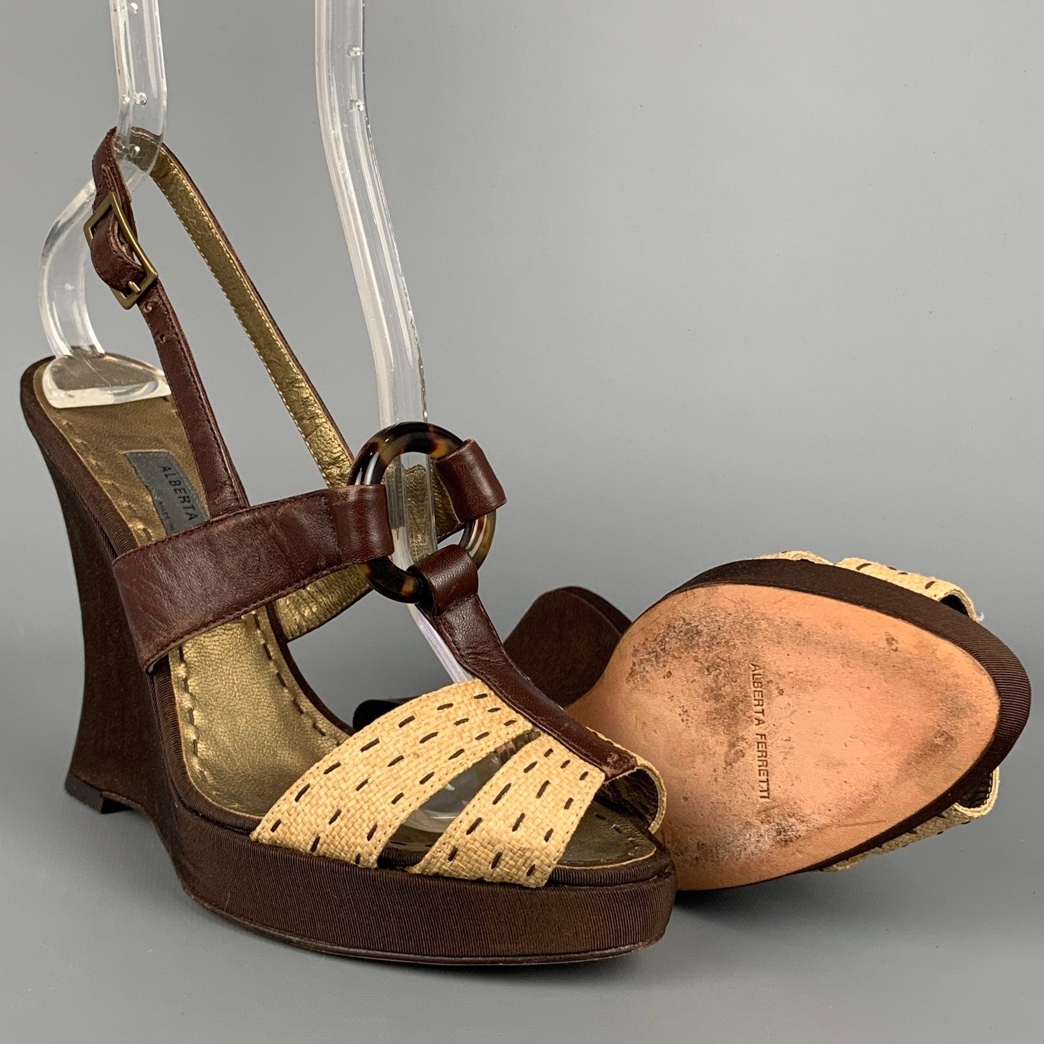 ALBERTA FERRETTI Size 6.5 Brown & Beige Silk Leather Wedge Sandals In Good Condition For Sale In San Francisco, CA