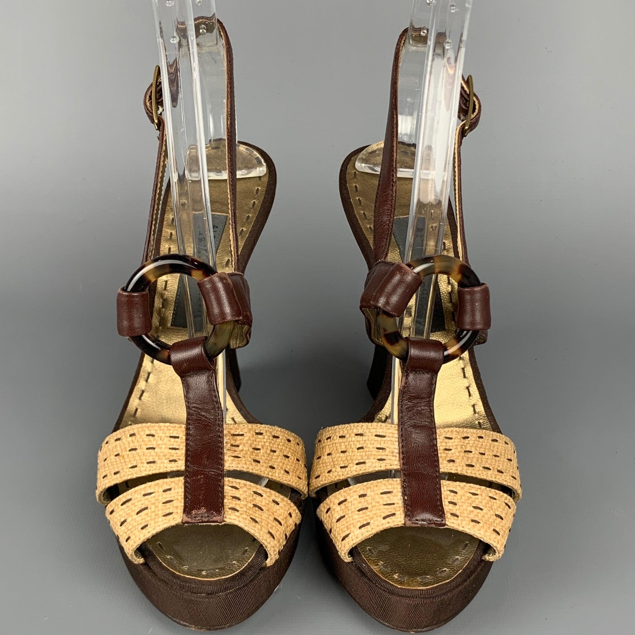 Women's ALBERTA FERRETTI Size 6.5 Brown & Beige Silk Leather Wedge Sandals For Sale