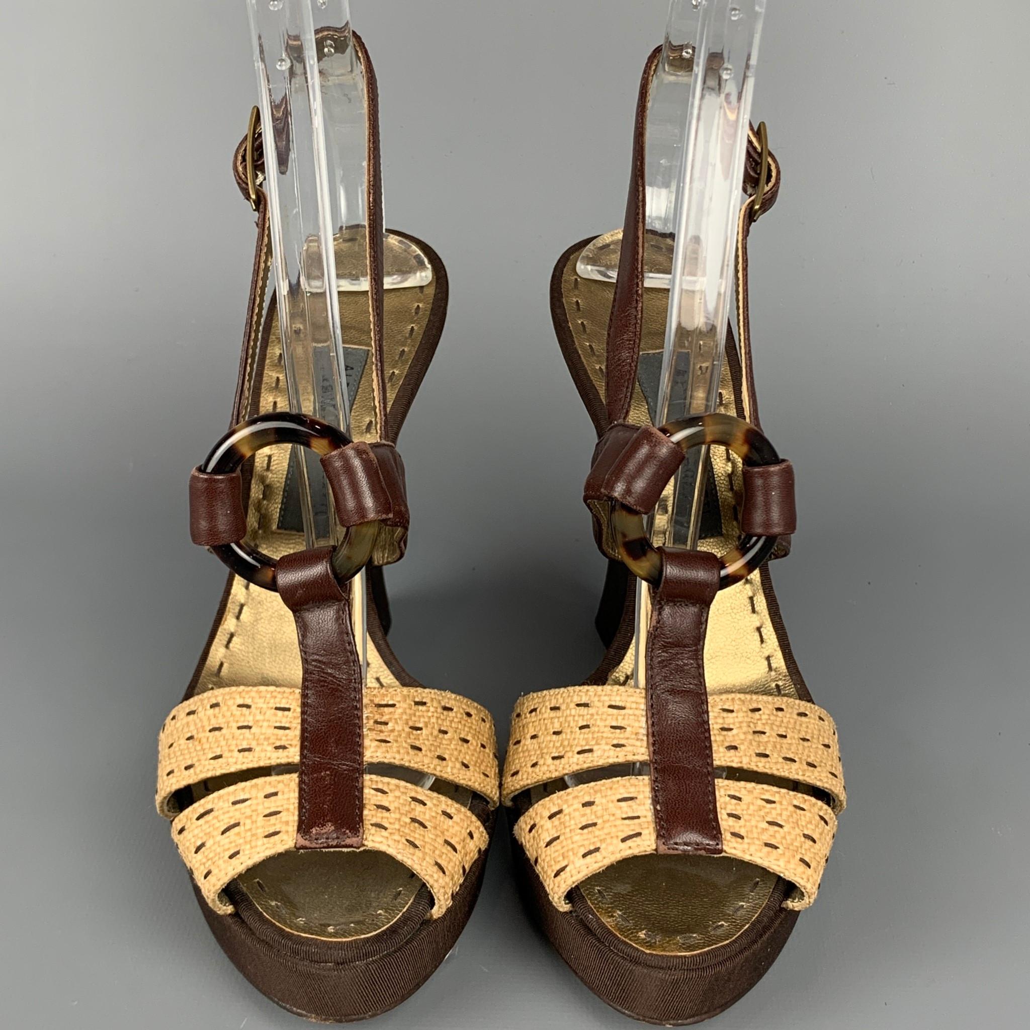 Women's ALBERTA FERRETTI Size 6.5 Brown & Beige Silk Leather Wedge Sandals