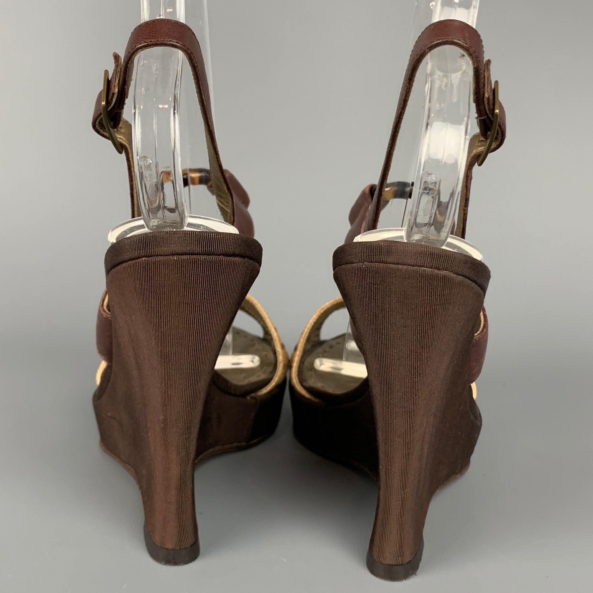 ALBERTA FERRETTI Size 6.5 Brown & Beige Silk Leather Wedge Sandals For Sale 1