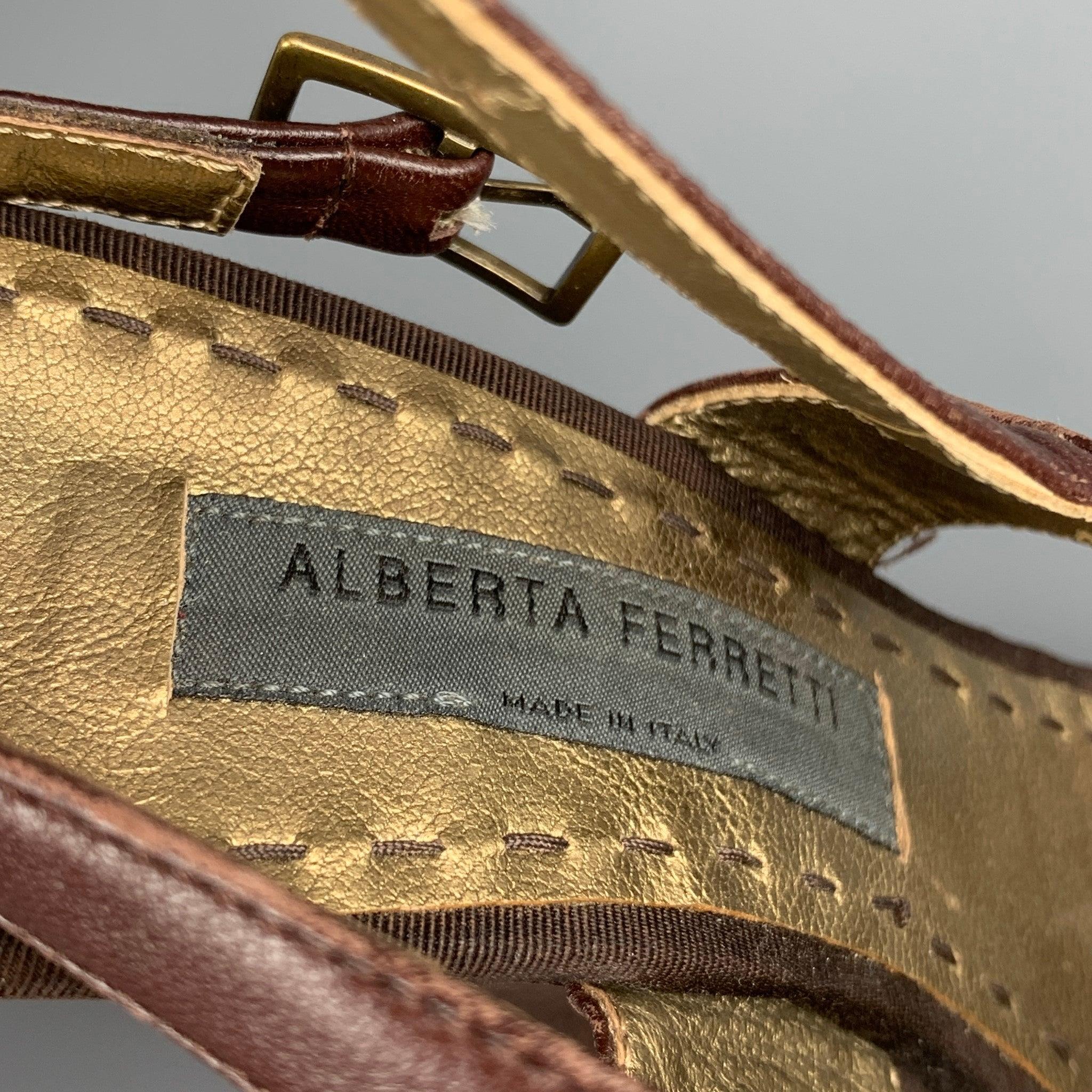 ALBERTA FERRETTI Size 6.5 Brown & Beige Silk Leather Wedge Sandals For Sale 2