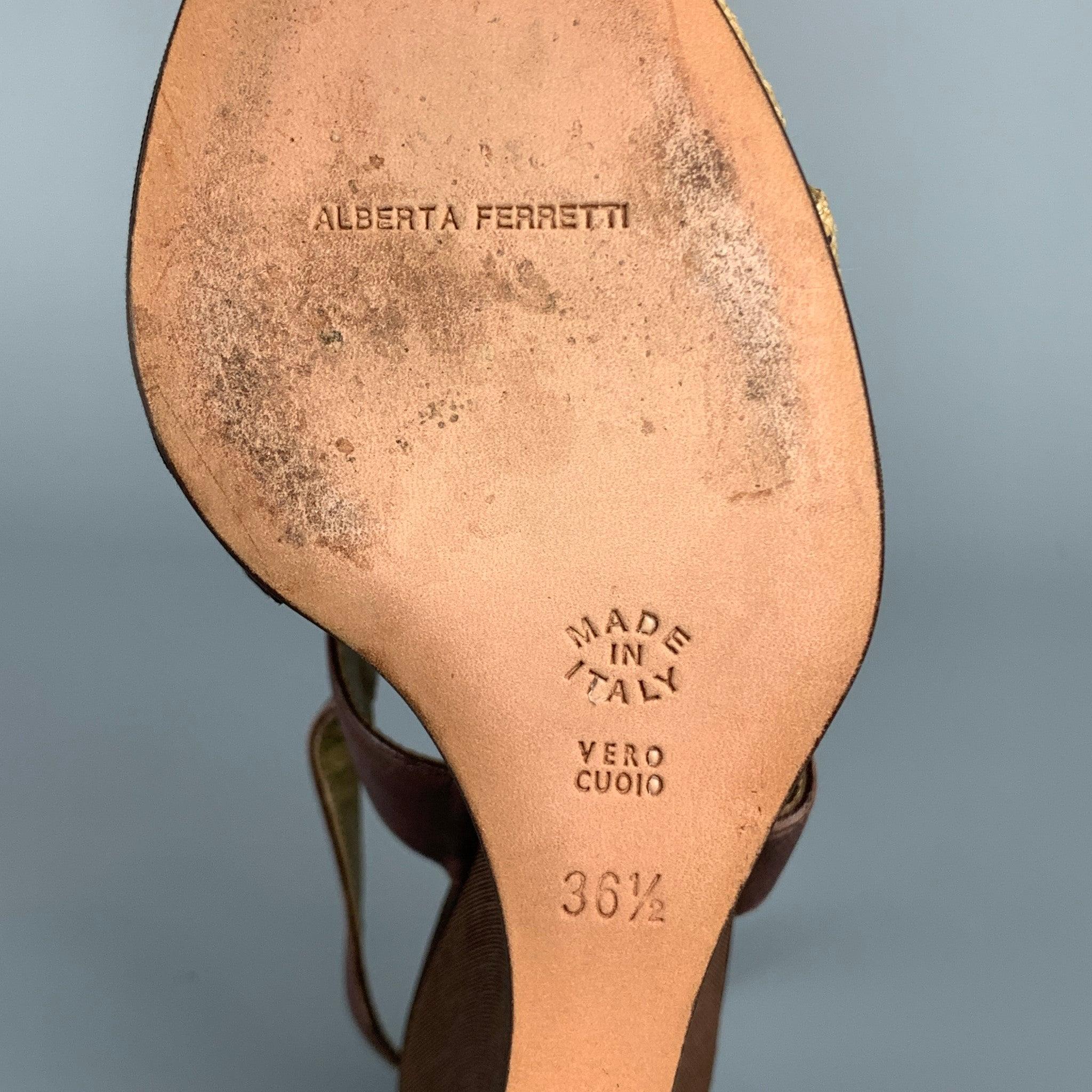 ALBERTA FERRETTI Size 6.5 Brown & Beige Silk Leather Wedge Sandals For Sale 3