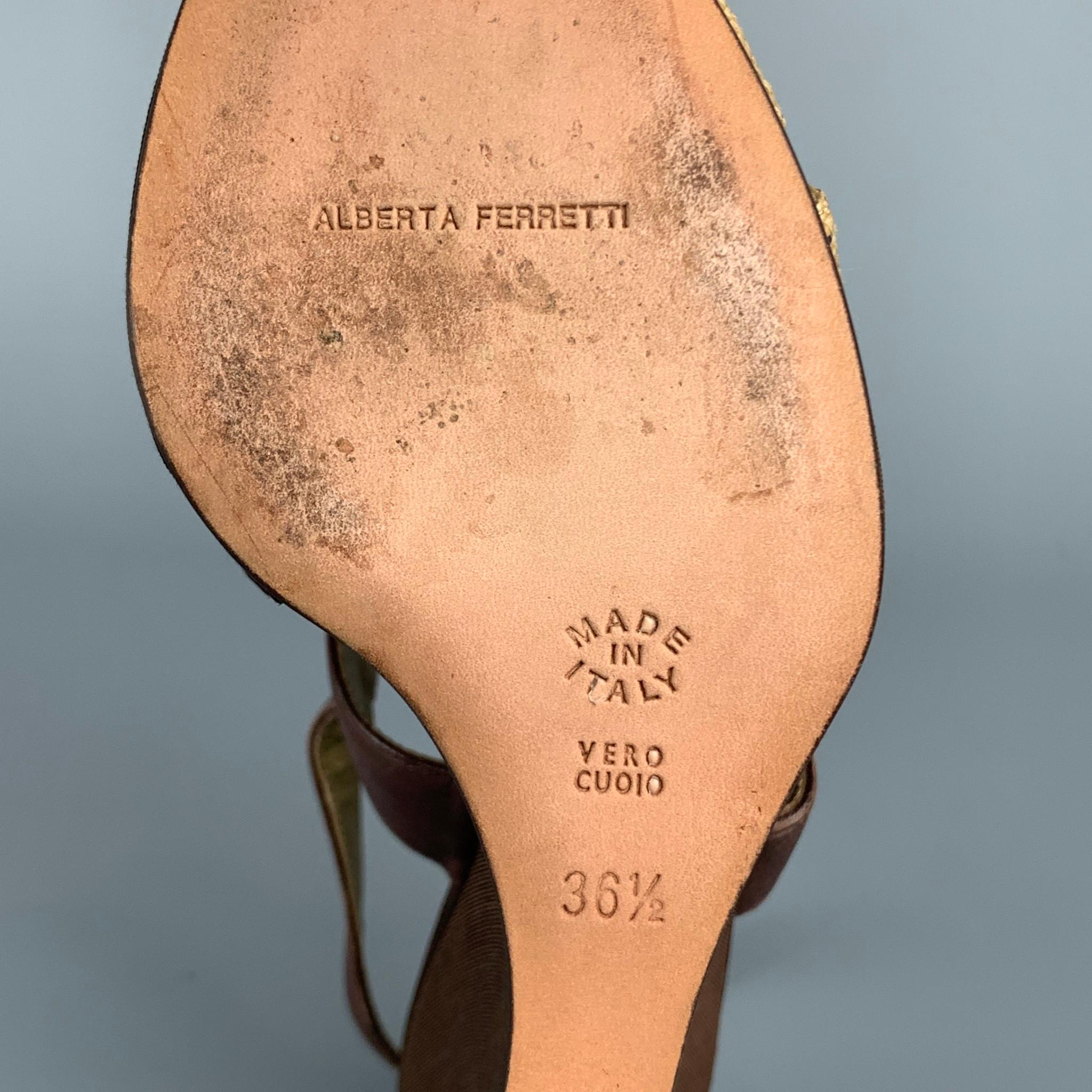ALBERTA FERRETTI Size 6.5 Brown & Beige Silk Leather Wedge Sandals 3