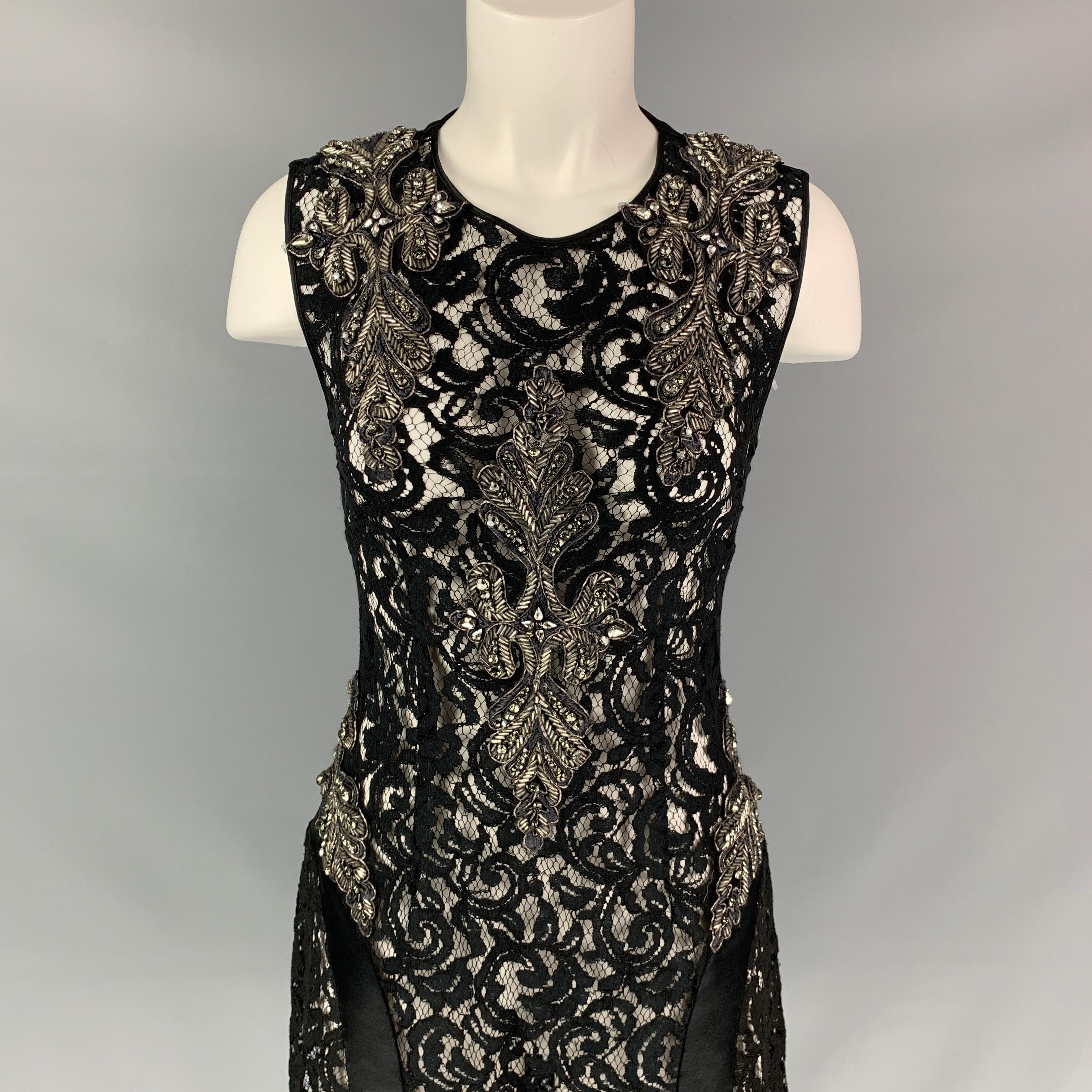 ALBERTA FERRETTI dress comes in a black lace material with a slip liner featuring a a-line style, beaded details, sleeveless, top button details, and a back zipper closure. Made in Italy. 

Very Good Pre-Owned Condition. Fabric tag removed.
Marked: