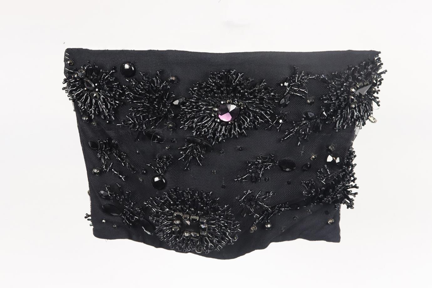 Alberta Ferretti strapless embellished stretch tulle bustier top. Black. Sleeveless, strapless. Zip fastening at side. 100% Silk; fabric2: 95% rayon, 5% other fabrics. Size: IT 38 (UK 6, US 2, FR 34). Bust: 30 in. Waist: 22.2 in. Length: 11 in. Very
